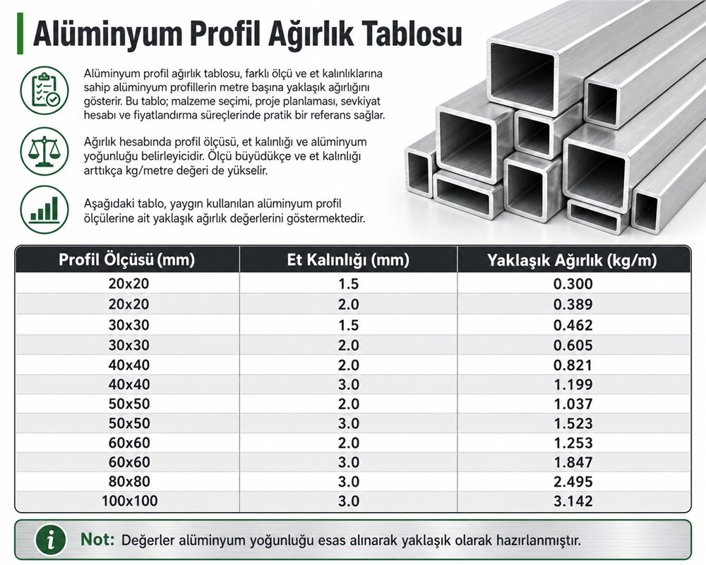Alüminyum Profil Ağırlık Tablosu