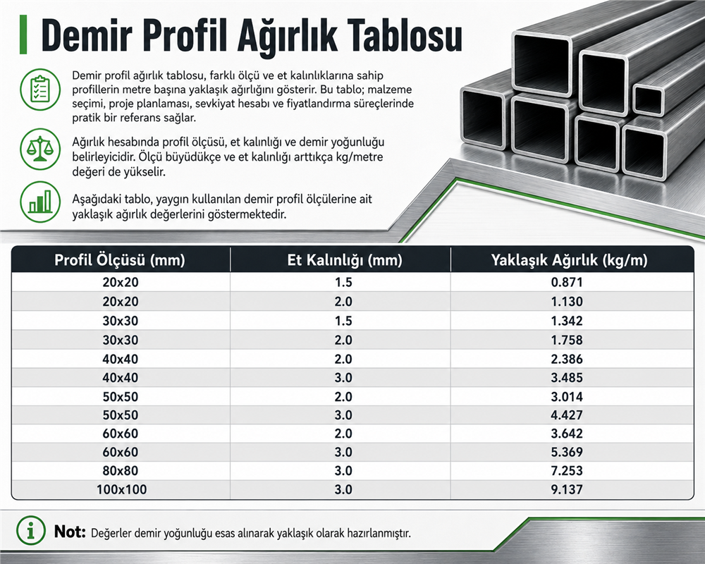 Demir Profil Ağırlık Tablosu